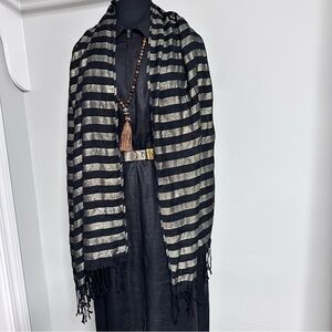 Women’s Elegant Black and Gold Metallic Striped Scarf Wrap Coverup 72x27 OS